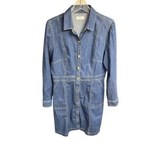 Untuckit Women’s Sz 10 Denim Shirt Dress Button Front Dark Wash Blue Western